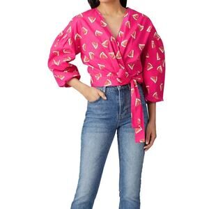 Color Me Courtney Small Pink Watermelon Print V-Neck Wrap Top Puff Sleeve